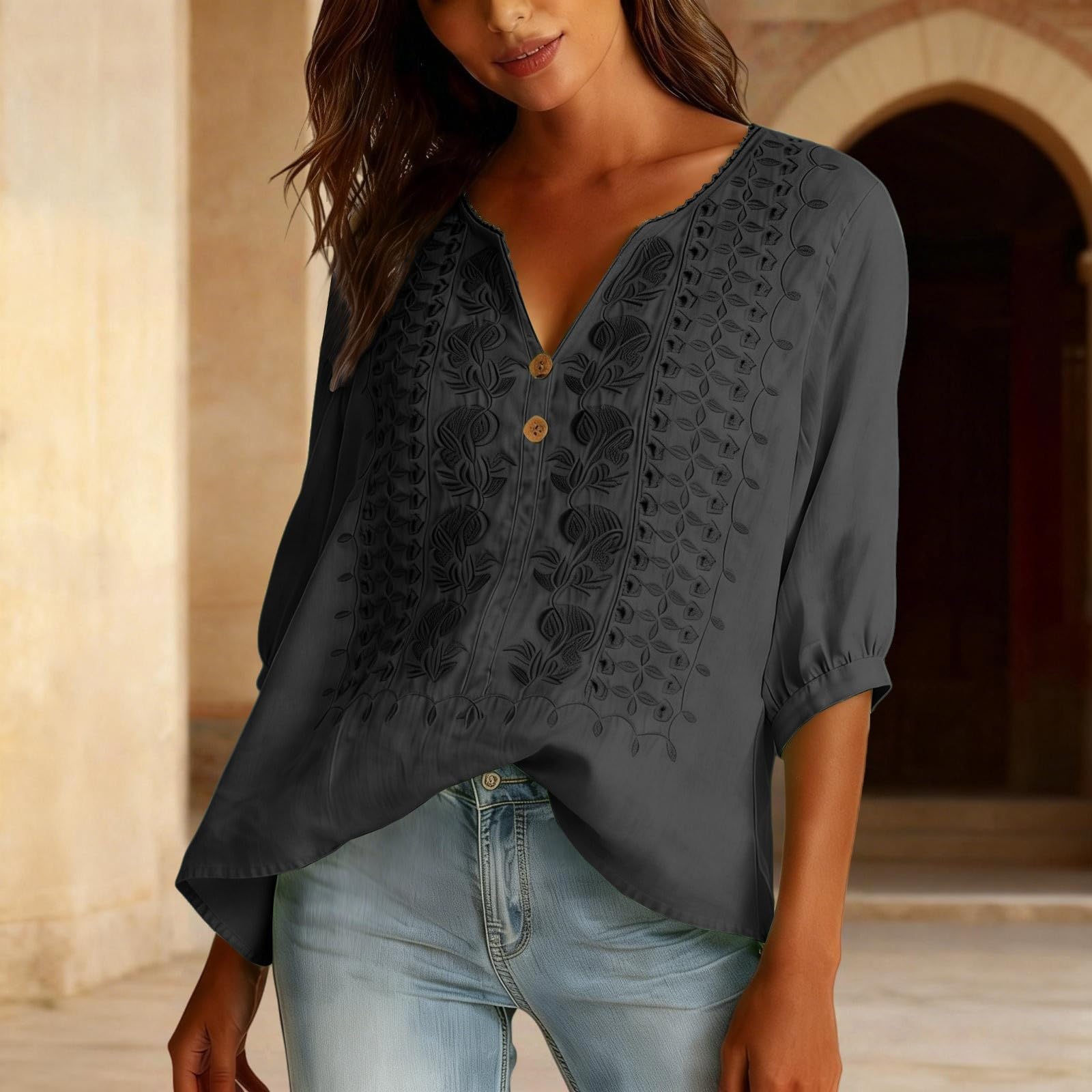 Embroidered Linen Shirts for Women 3/4 Sleeve Gauze V Neck Blouses Tops Casual Spring Summer Boho Cotton Clothes