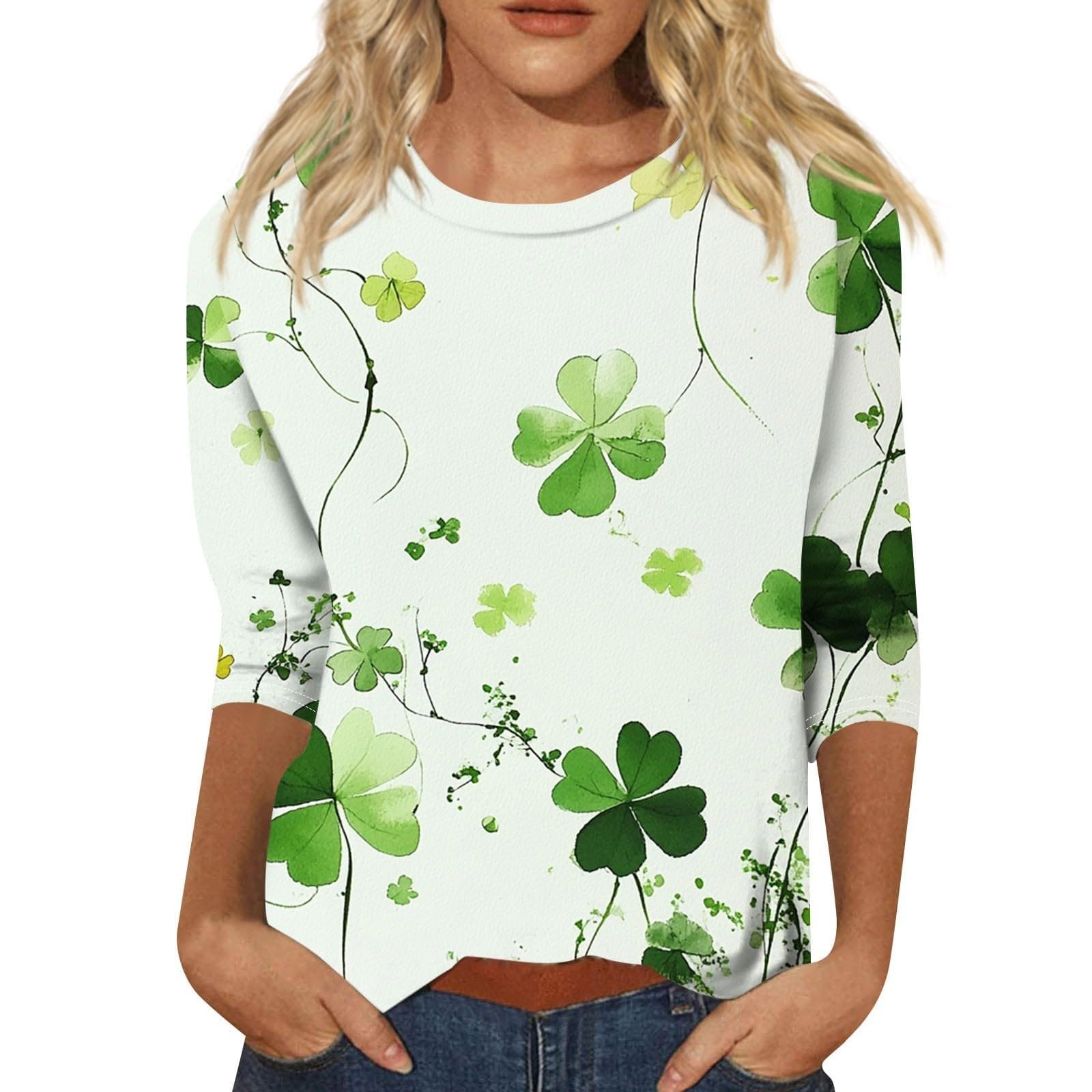 St Patricks Day Shirt Women 2025 Casual Plus Size 3/4 Sleeve Irish Clover Shirts Funny Saint Patrick's Tunic Tops