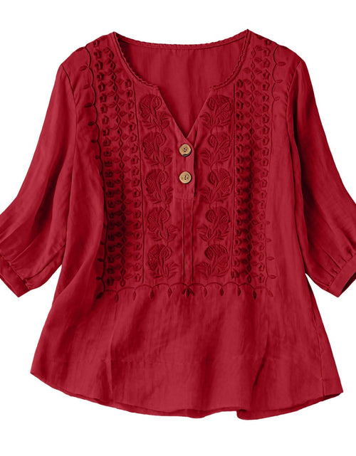 Load image into Gallery viewer, Embroidered Linen Shirts for Women 3/4 Sleeve Gauze V Neck Blouses Tops Casual Spring Summer Boho Cotton Clothes
