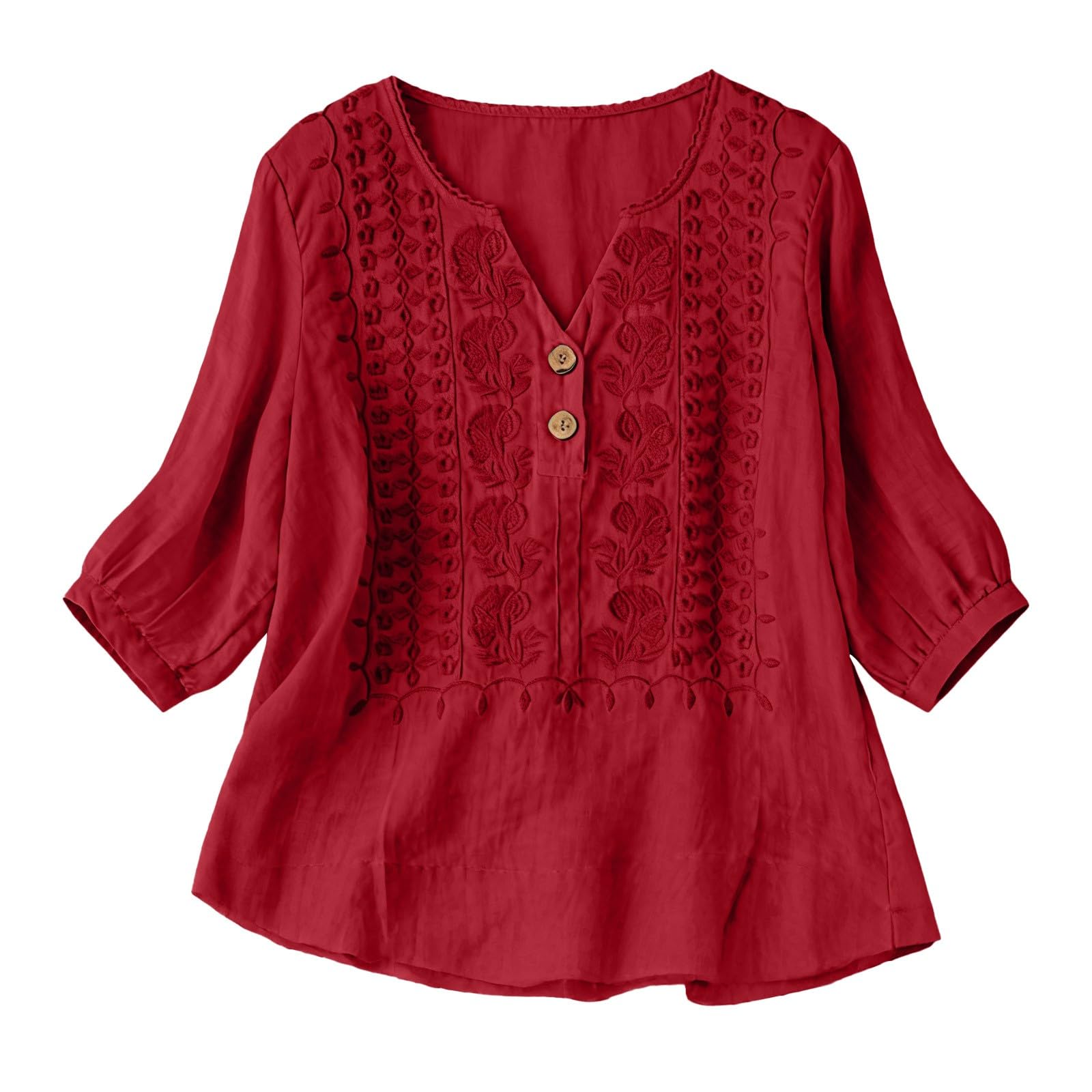 Embroidered Linen Shirts for Women 3/4 Sleeve Gauze V Neck Blouses Tops Casual Spring Summer Boho Cotton Clothes