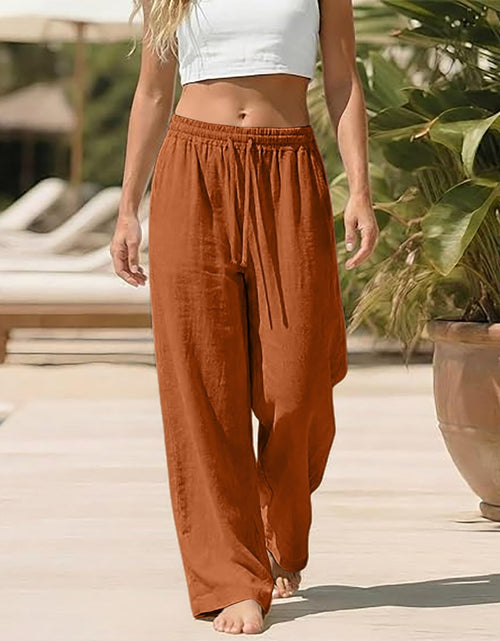 Load image into Gallery viewer, Linen Pants for Women - Wide Leg Elastic High Waist Casual Cotton Linen Pants Drawstring Plus Size Loose Trouser
