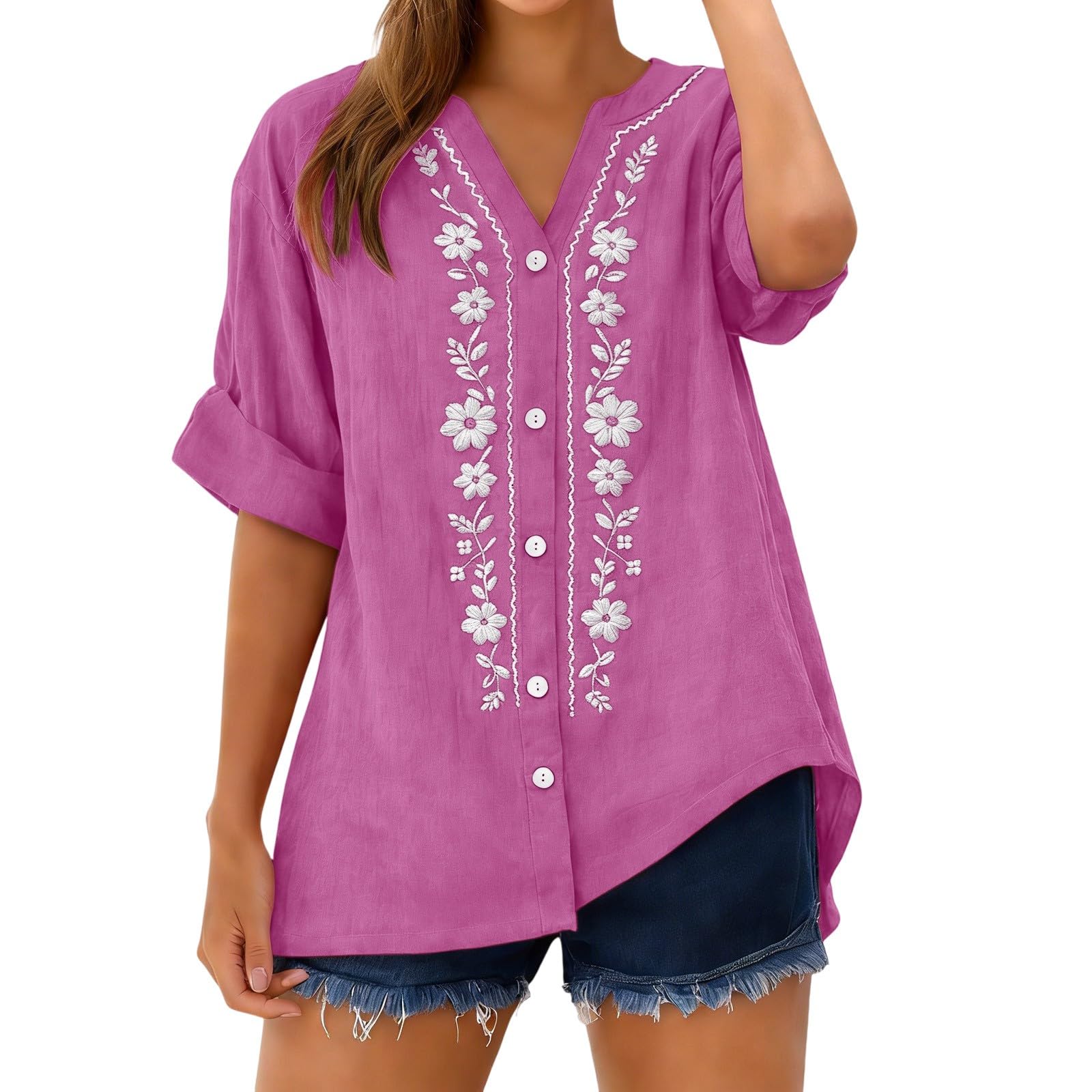 Linen Shirts for Women - Summer Plus Size Embroidered Tops 3/4 Sleeve V Neck Button Blouses Beach Vacation Clothes