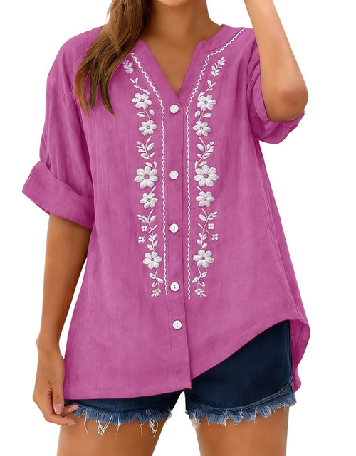 Load image into Gallery viewer, Linen Shirts for Women - Summer Plus Size Embroidered Tops 3/4 Sleeve V Neck Button Blouses Beach Vacation Clothes
