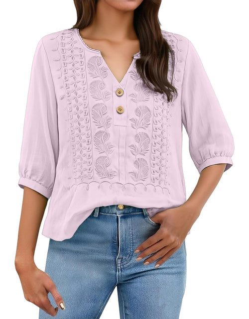 Load image into Gallery viewer, Embroidered Linen Shirts for Women 3/4 Sleeve Gauze V Neck Blouses Tops Casual Spring Summer Boho Cotton Clothes
