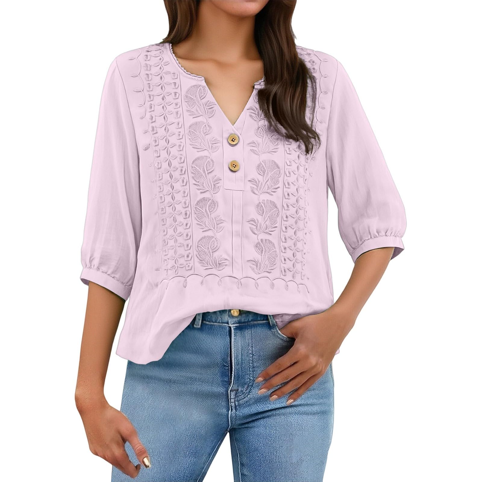 Embroidered Linen Shirts for Women 3/4 Sleeve Gauze V Neck Blouses Tops Casual Spring Summer Boho Cotton Clothes