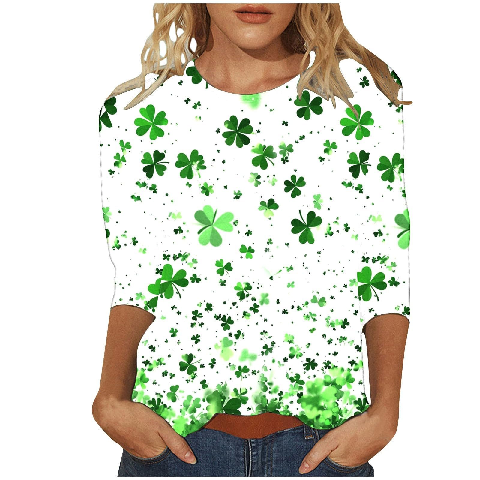 St Patricks Day Shirt Women 2025 Casual Plus Size 3/4 Sleeve Irish Clover Shirts Funny Saint Patrick's Tunic Tops