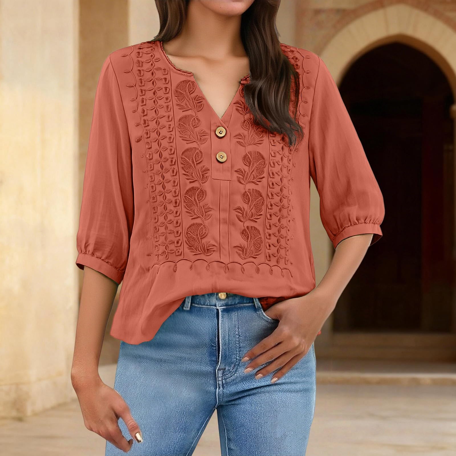 Embroidered Linen Shirts for Women 3/4 Sleeve Gauze V Neck Blouses Tops Casual Spring Summer Boho Cotton Clothes