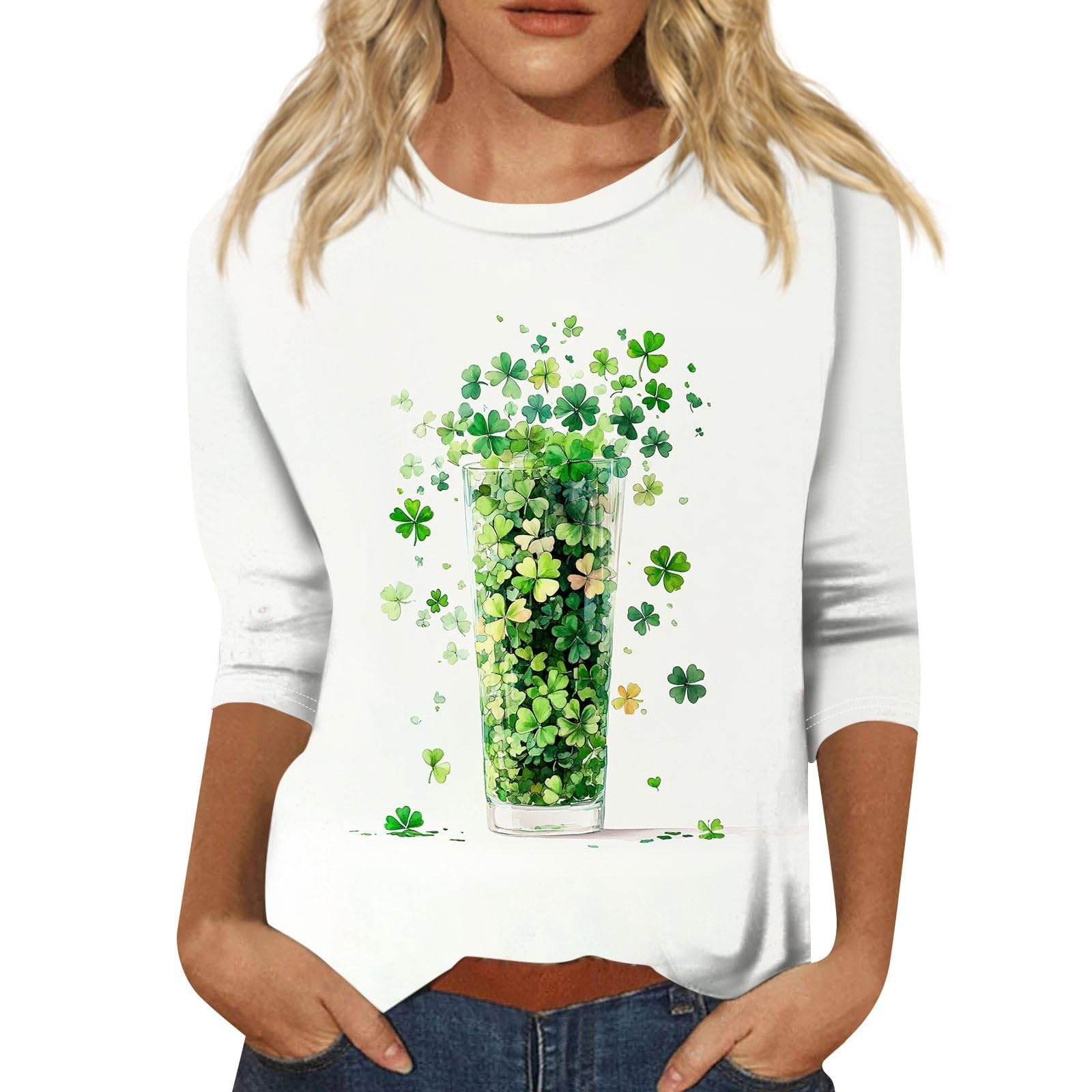 St Patricks Day Shirt Women 2025 Casual Plus Size 3/4 Sleeve Irish Clover Shirts Funny Saint Patrick's Tunic Tops