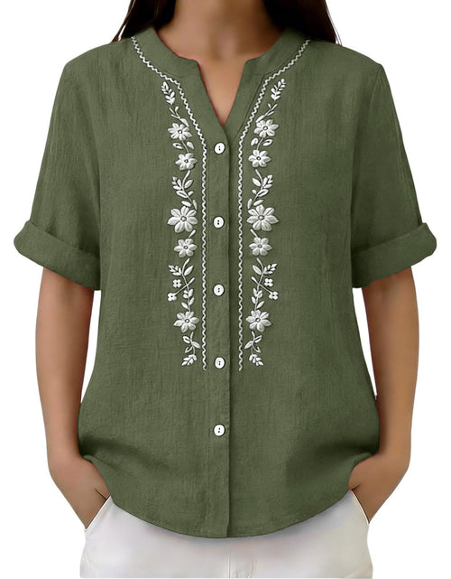 Load image into Gallery viewer, Linen Shirts for Women - Summer Plus Size Embroidered Tops 3/4 Sleeve V Neck Button Blouses Beach Vacation Clothes
