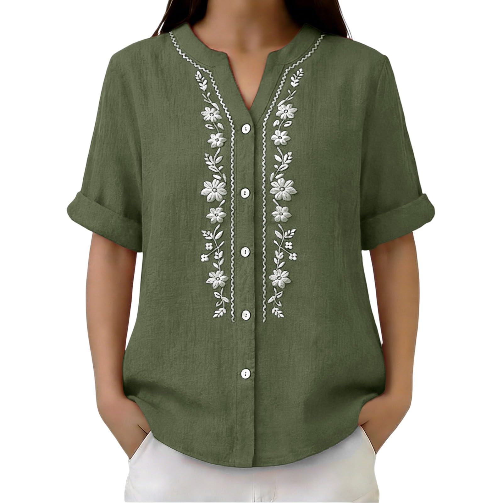 Linen Shirts for Women - Summer Plus Size Embroidered Tops 3/4 Sleeve V Neck Button Blouses Beach Vacation Clothes
