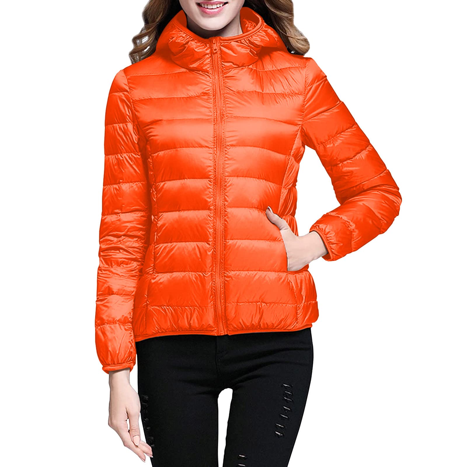 Lightweight Jacket for Women Short Button Down Hooded Jackets Trendy Slim Fit Bubble Coat Winter Warm Puffer Outwear