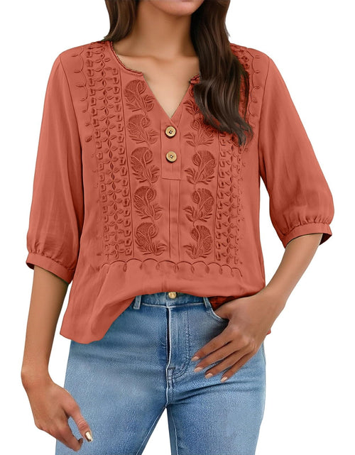 Load image into Gallery viewer, Embroidered Linen Shirts for Women 3/4 Sleeve Gauze V Neck Blouses Tops Casual Spring Summer Boho Cotton Clothes
