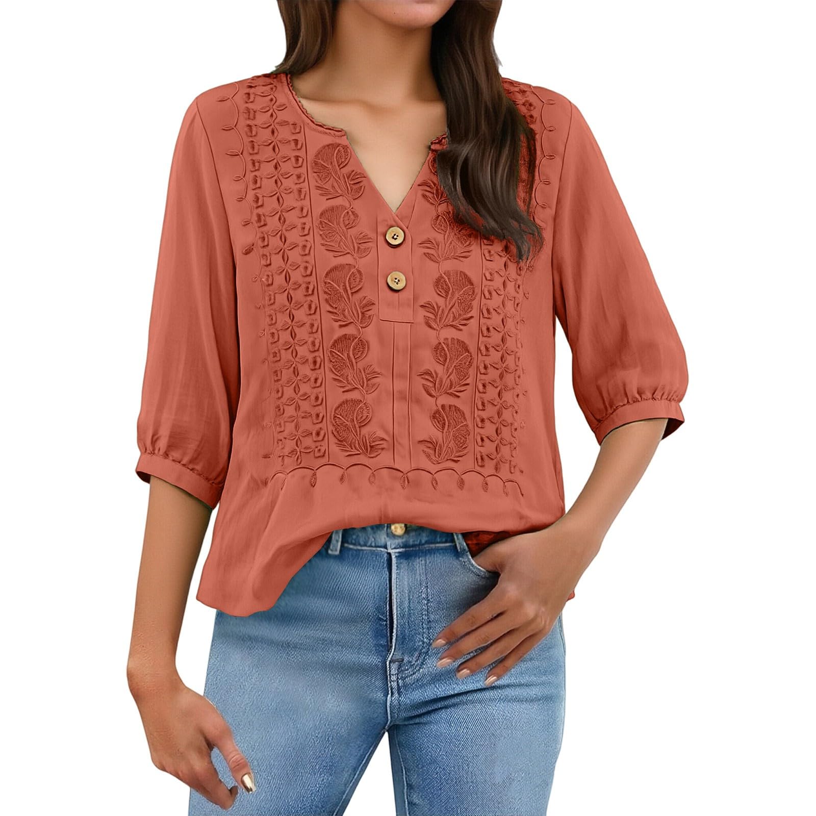 Embroidered Linen Shirts for Women 3/4 Sleeve Gauze V Neck Blouses Tops Casual Spring Summer Boho Cotton Clothes
