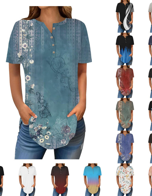Load image into Gallery viewer, Henley Shirts for Women Buttons Round Neck Boho T-Shirts Short Sleeve Fancy Floral Print Tunic Tops Summer Loose Tees
