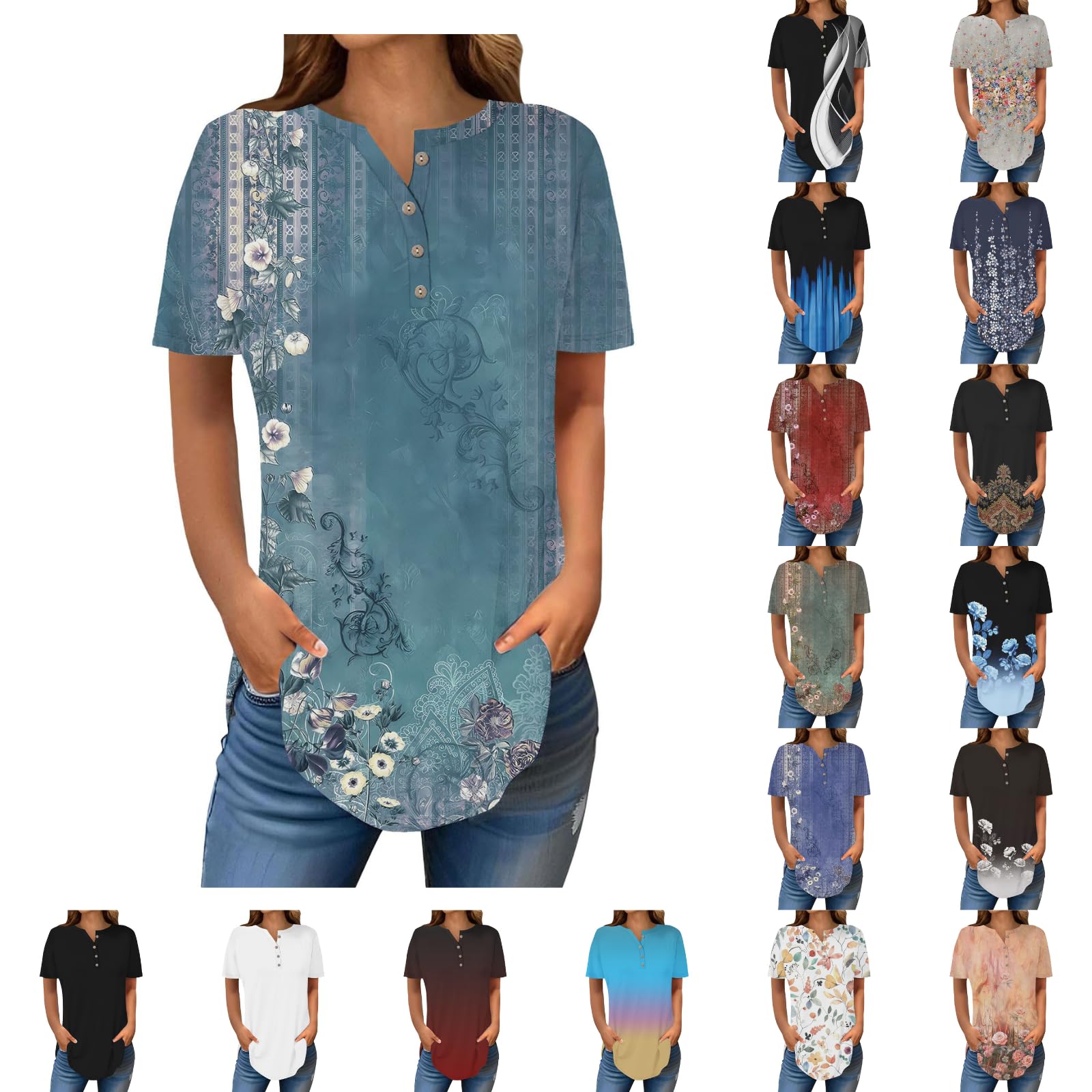 Henley Shirts for Women Buttons Round Neck Boho T-Shirts Short Sleeve Fancy Floral Print Tunic Tops Summer Loose Tees