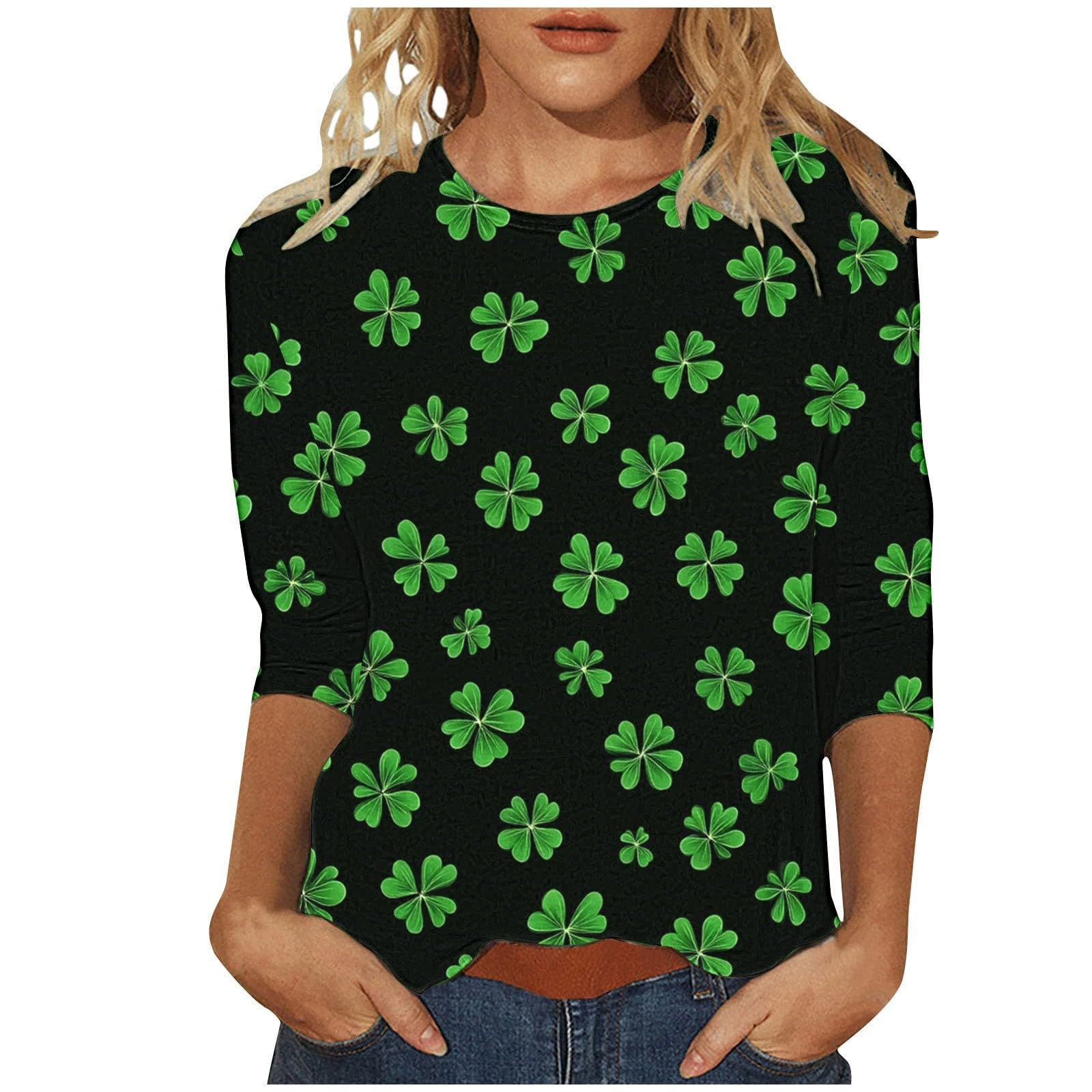 St Patricks Day Shirt Women 2025 Casual Plus Size 3/4 Sleeve Irish Clover Shirts Funny Saint Patrick's Tunic Tops