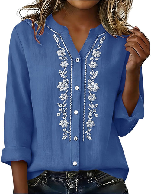 Load image into Gallery viewer, Linen Shirts for Women - Summer Plus Size Embroidered Tops 3/4 Sleeve V Neck Button Blouses Beach Vacation Clothes
