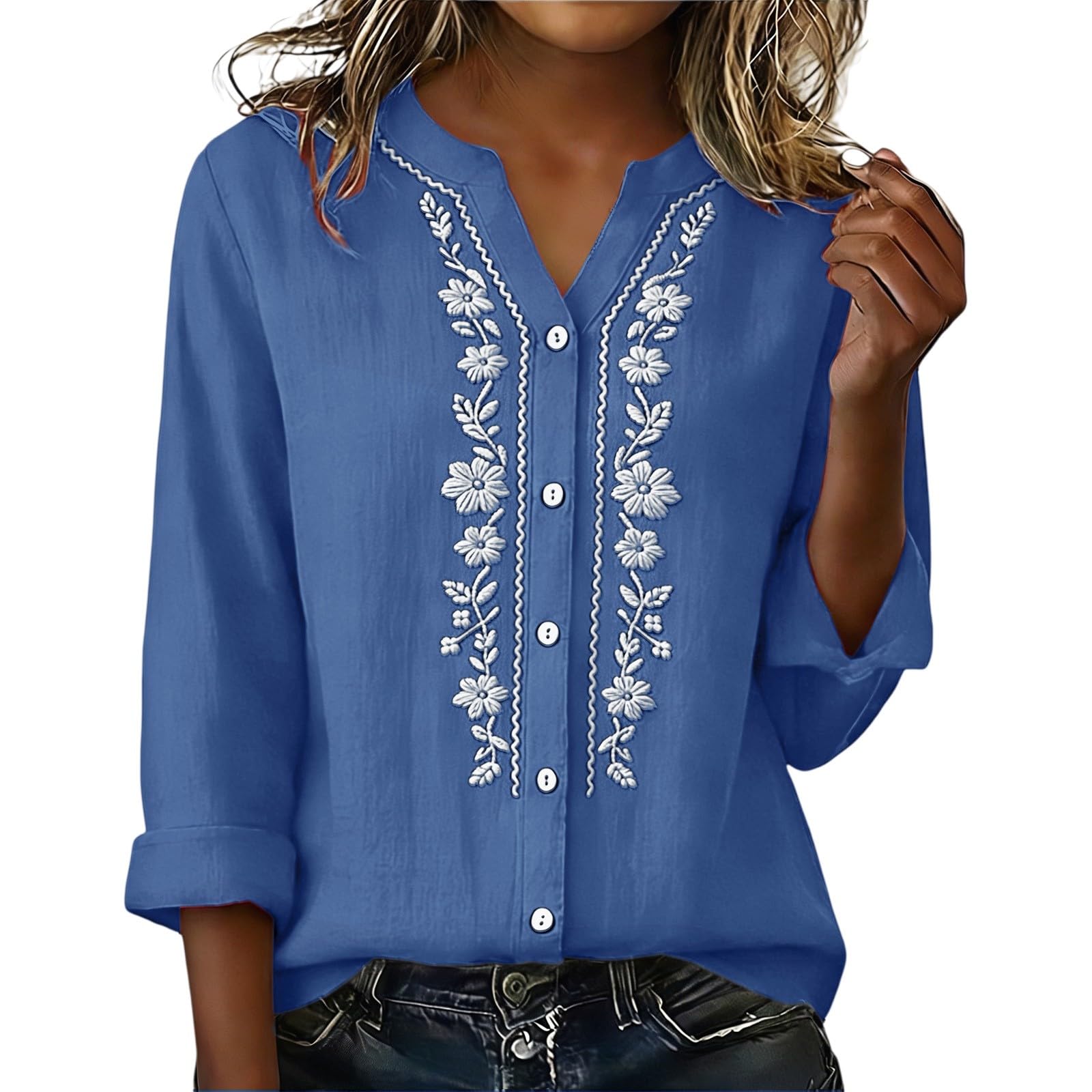 Linen Shirts for Women - Summer Plus Size Embroidered Tops 3/4 Sleeve V Neck Button Blouses Beach Vacation Clothes