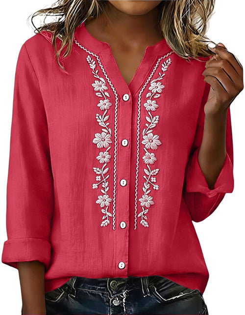 Load image into Gallery viewer, Linen Shirts for Women - Summer Plus Size Embroidered Tops 3/4 Sleeve V Neck Button Blouses Beach Vacation Clothes
