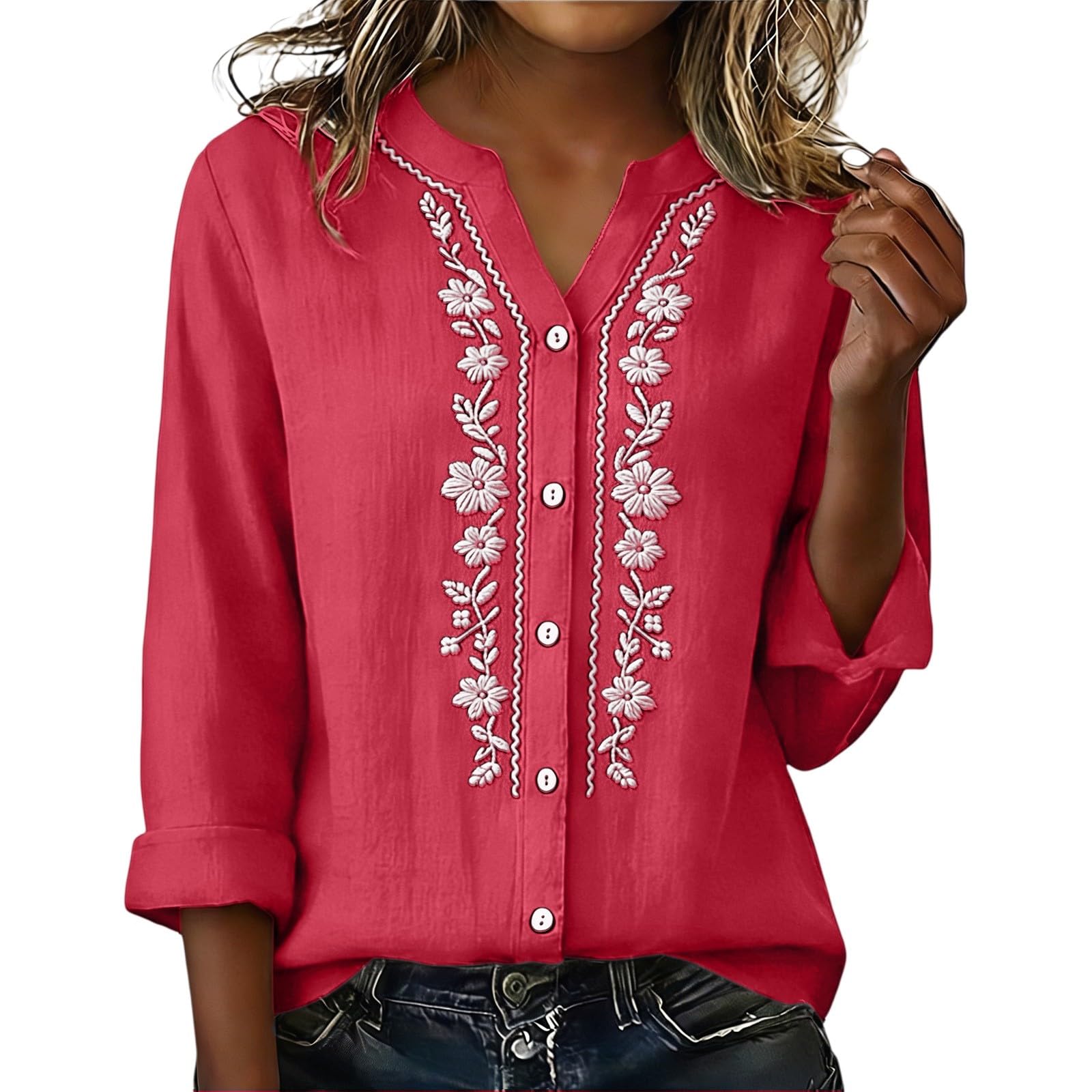 Linen Shirts for Women - Summer Plus Size Embroidered Tops 3/4 Sleeve V Neck Button Blouses Beach Vacation Clothes