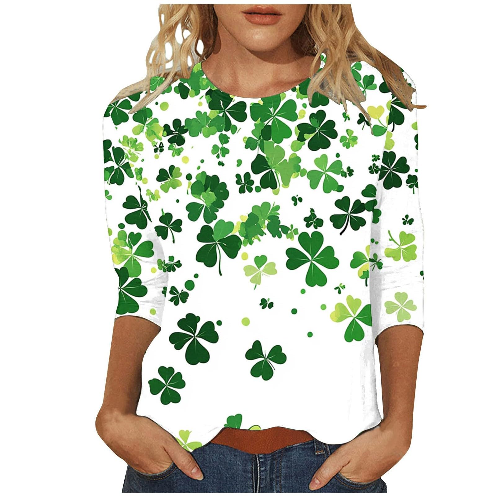 St Patricks Day Shirt Women 2025 Casual Plus Size 3/4 Sleeve Irish Clover Shirts Funny Saint Patrick's Tunic Tops