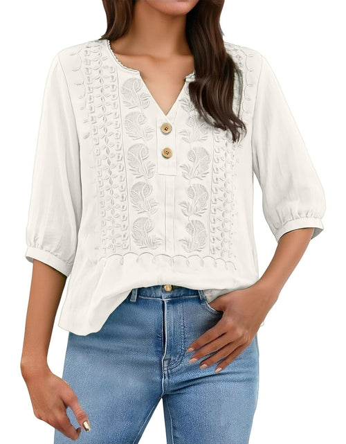 Load image into Gallery viewer, Embroidered Linen Shirts for Women 3/4 Sleeve Gauze V Neck Blouses Tops Casual Spring Summer Boho Cotton Clothes
