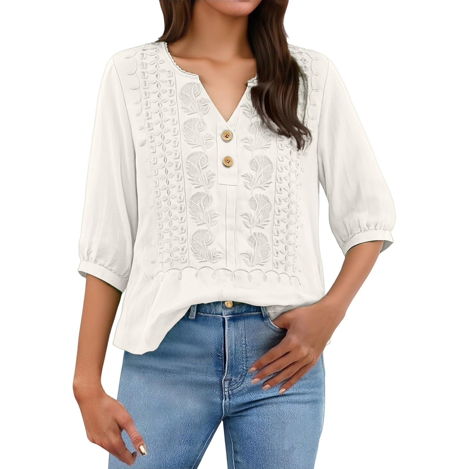 Embroidered Linen Shirts for Women 3/4 Sleeve Gauze V Neck Blouses Tops Casual Spring Summer Boho Cotton Clothes