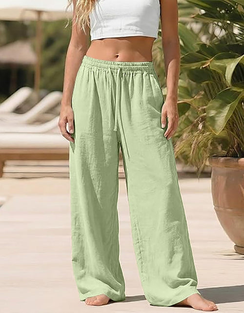 Load image into Gallery viewer, Linen Pants for Women - Wide Leg Elastic High Waist Casual Cotton Linen Pants Drawstring Plus Size Loose Trouser
