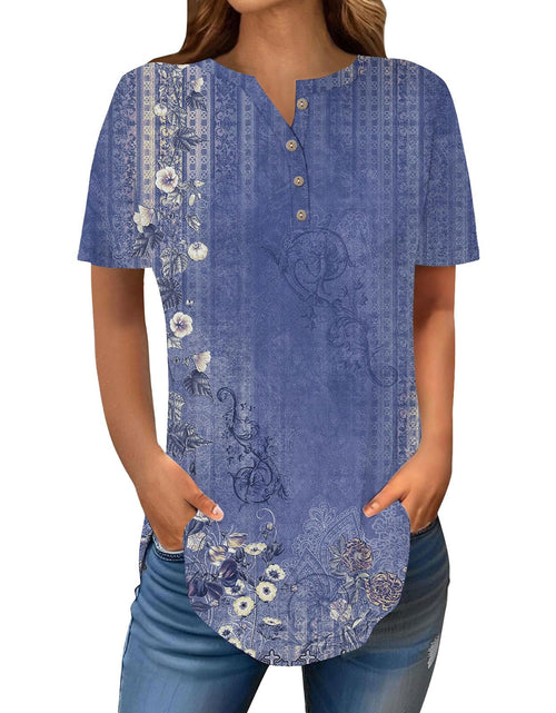 Load image into Gallery viewer, Henley Shirts for Women Buttons Round Neck Boho T-Shirts Short Sleeve Fancy Floral Print Tunic Tops Summer Loose Tees
