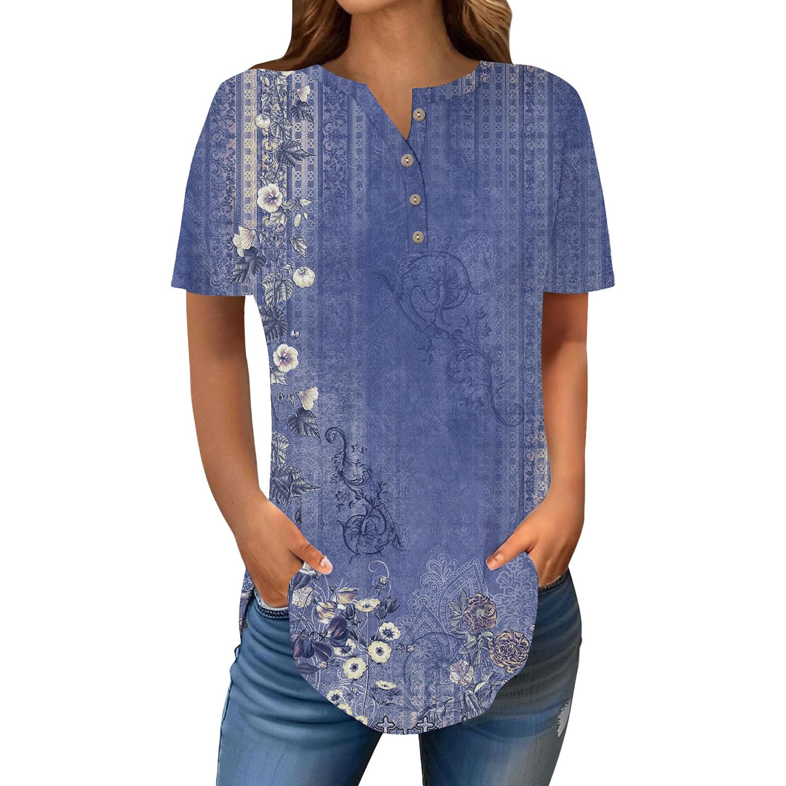 Henley Shirts for Women Buttons Round Neck Boho T-Shirts Short Sleeve Fancy Floral Print Tunic Tops Summer Loose Tees