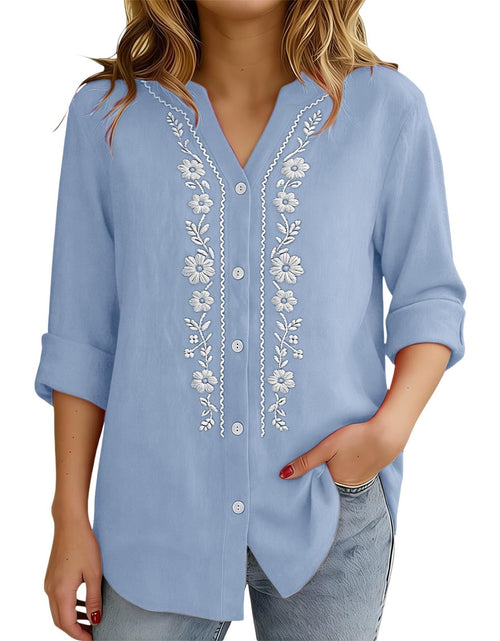Load image into Gallery viewer, Linen Shirts for Women - Summer Plus Size Embroidered Tops 3/4 Sleeve V Neck Button Blouses Beach Vacation Clothes
