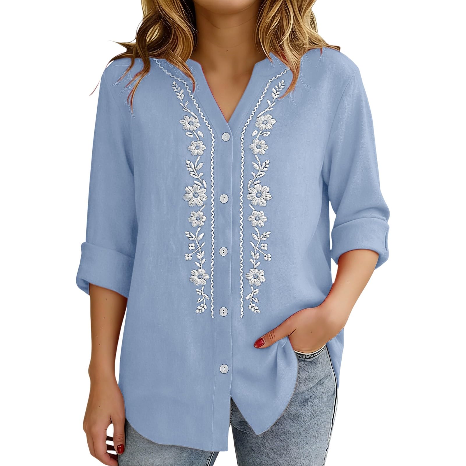 Linen Shirts for Women - Summer Plus Size Embroidered Tops 3/4 Sleeve V Neck Button Blouses Beach Vacation Clothes