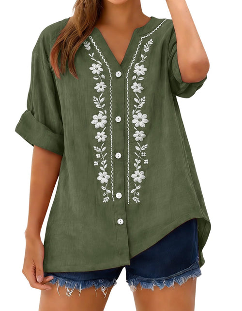 Load image into Gallery viewer, Linen Shirts for Women - Summer Plus Size Embroidered Tops 3/4 Sleeve V Neck Button Blouses Beach Vacation Clothes
