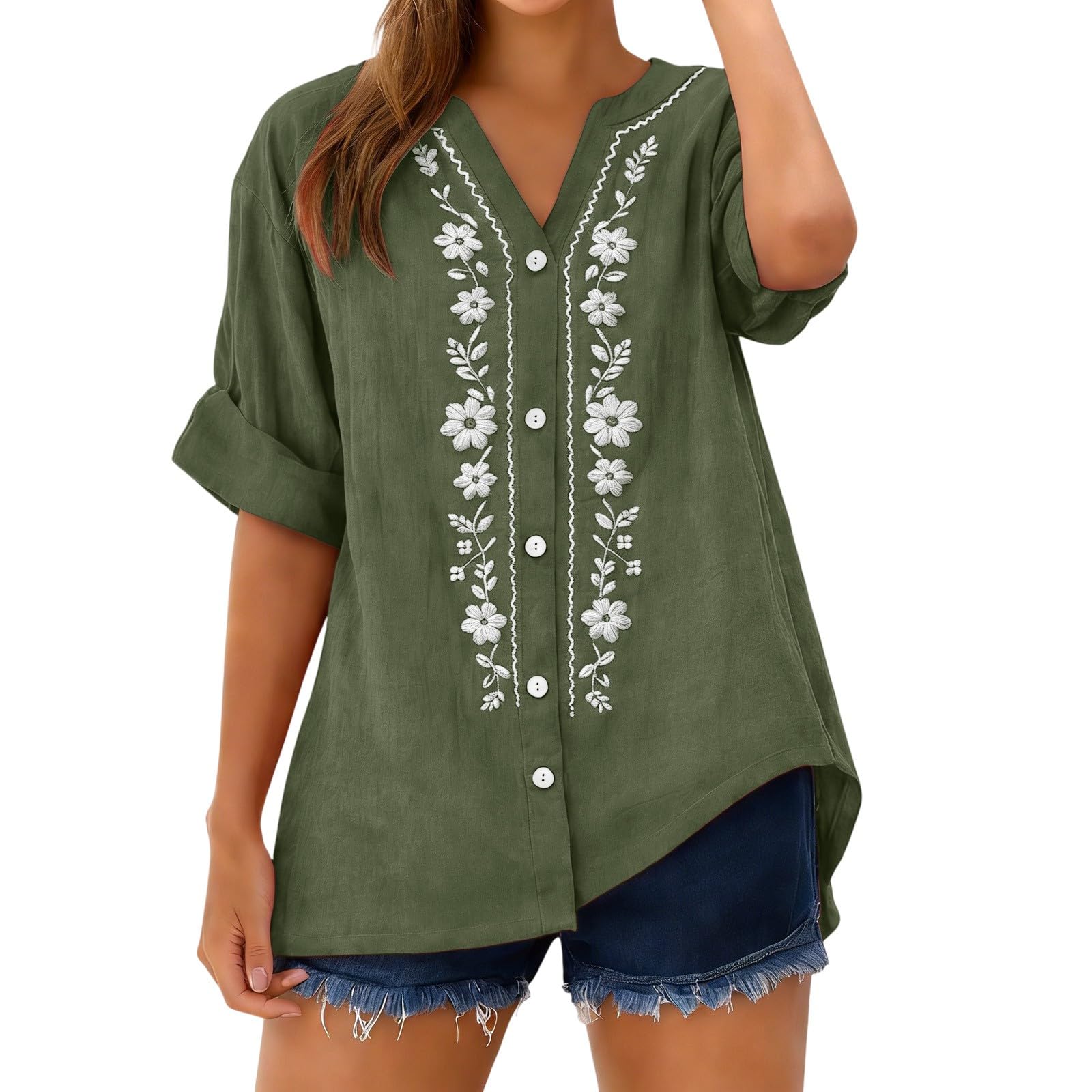 Linen Shirts for Women - Summer Plus Size Embroidered Tops 3/4 Sleeve V Neck Button Blouses Beach Vacation Clothes