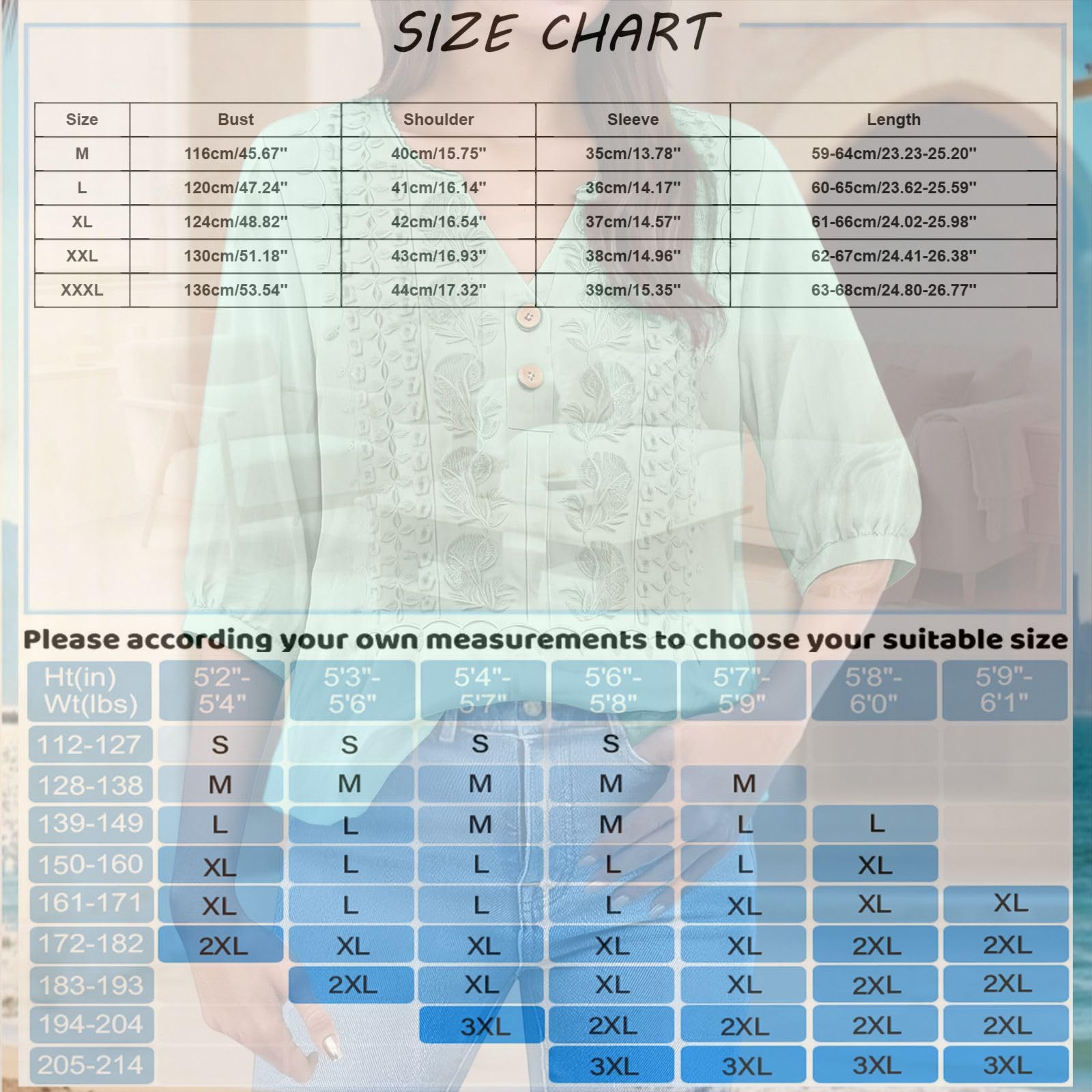 Embroidered Linen Shirts for Women 3/4 Sleeve Gauze V Neck Blouses Tops Casual Spring Summer Boho Cotton Clothes
