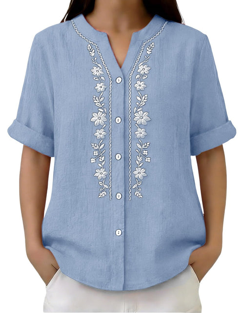Load image into Gallery viewer, Linen Shirts for Women - Summer Plus Size Embroidered Tops 3/4 Sleeve V Neck Button Blouses Beach Vacation Clothes
