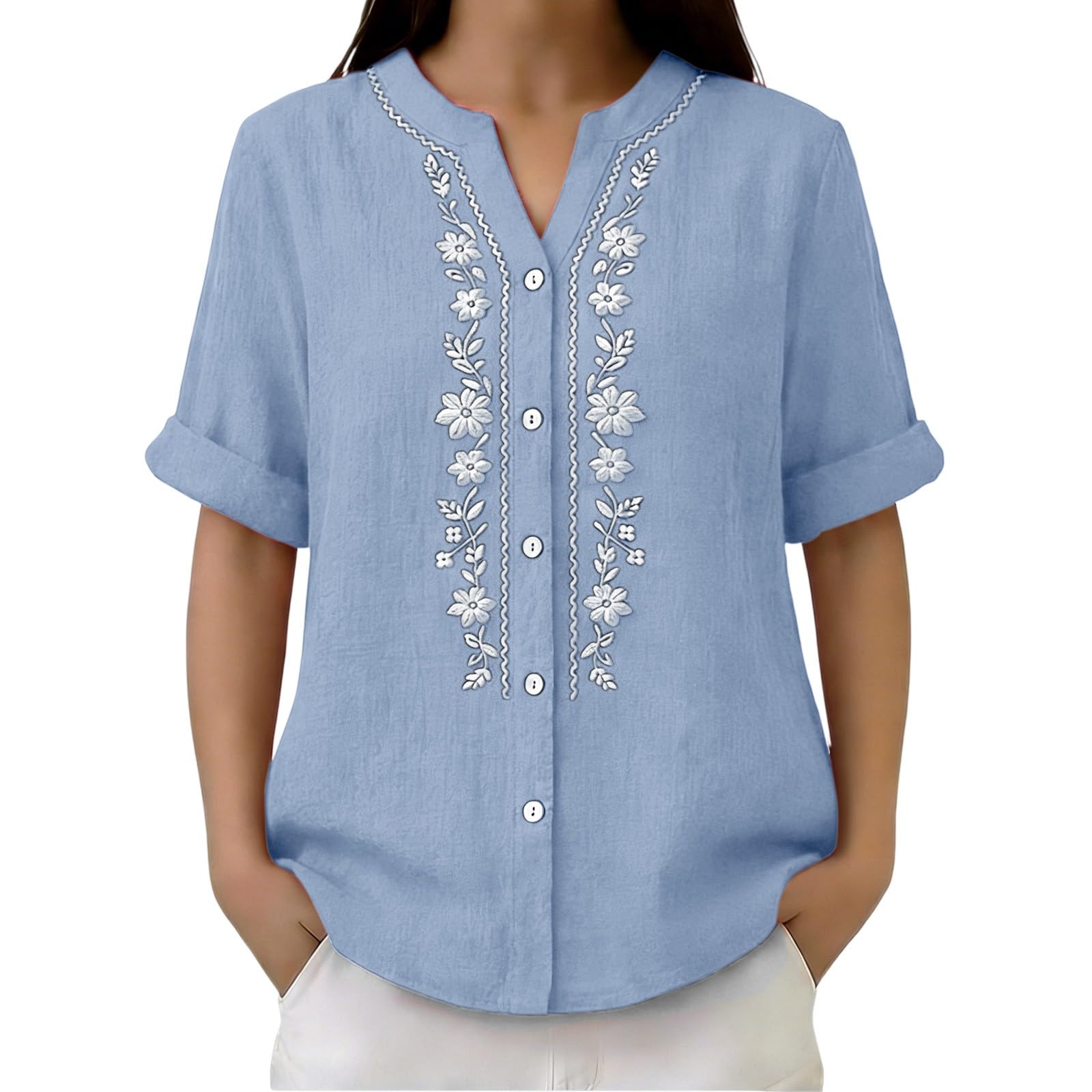 Linen Shirts for Women - Summer Plus Size Embroidered Tops 3/4 Sleeve V Neck Button Blouses Beach Vacation Clothes