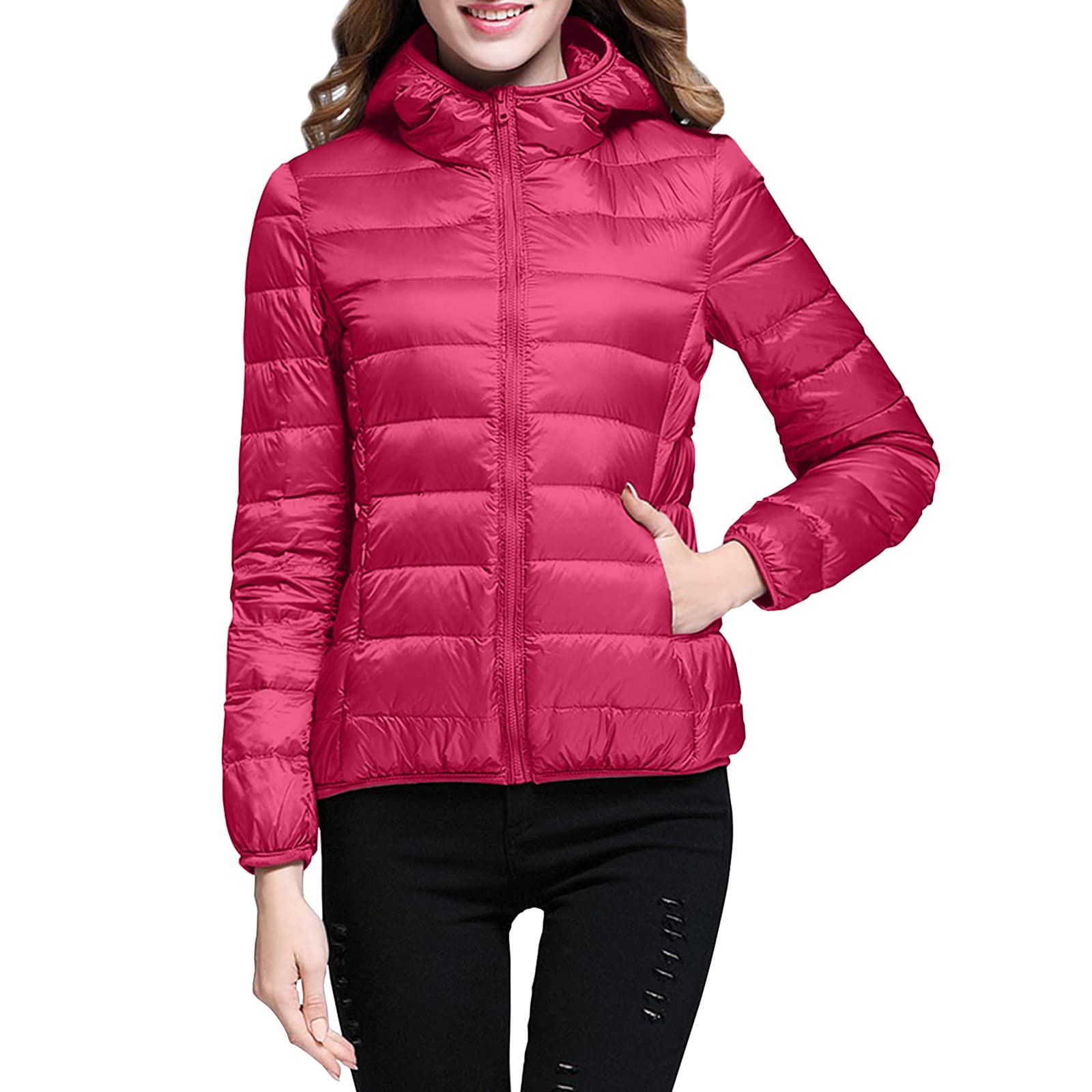Lightweight Jacket for Women Short Button Down Hooded Jackets Trendy Slim Fit Bubble Coat Winter Warm Puffer Outwear