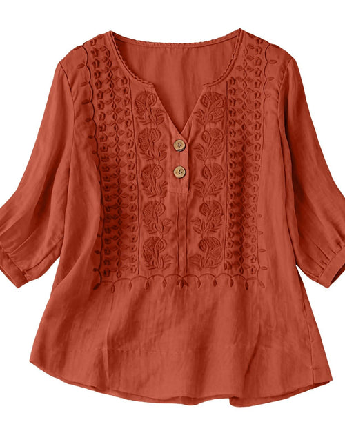 Load image into Gallery viewer, Embroidered Linen Shirts for Women 3/4 Sleeve Gauze V Neck Blouses Tops Casual Spring Summer Boho Cotton Clothes
