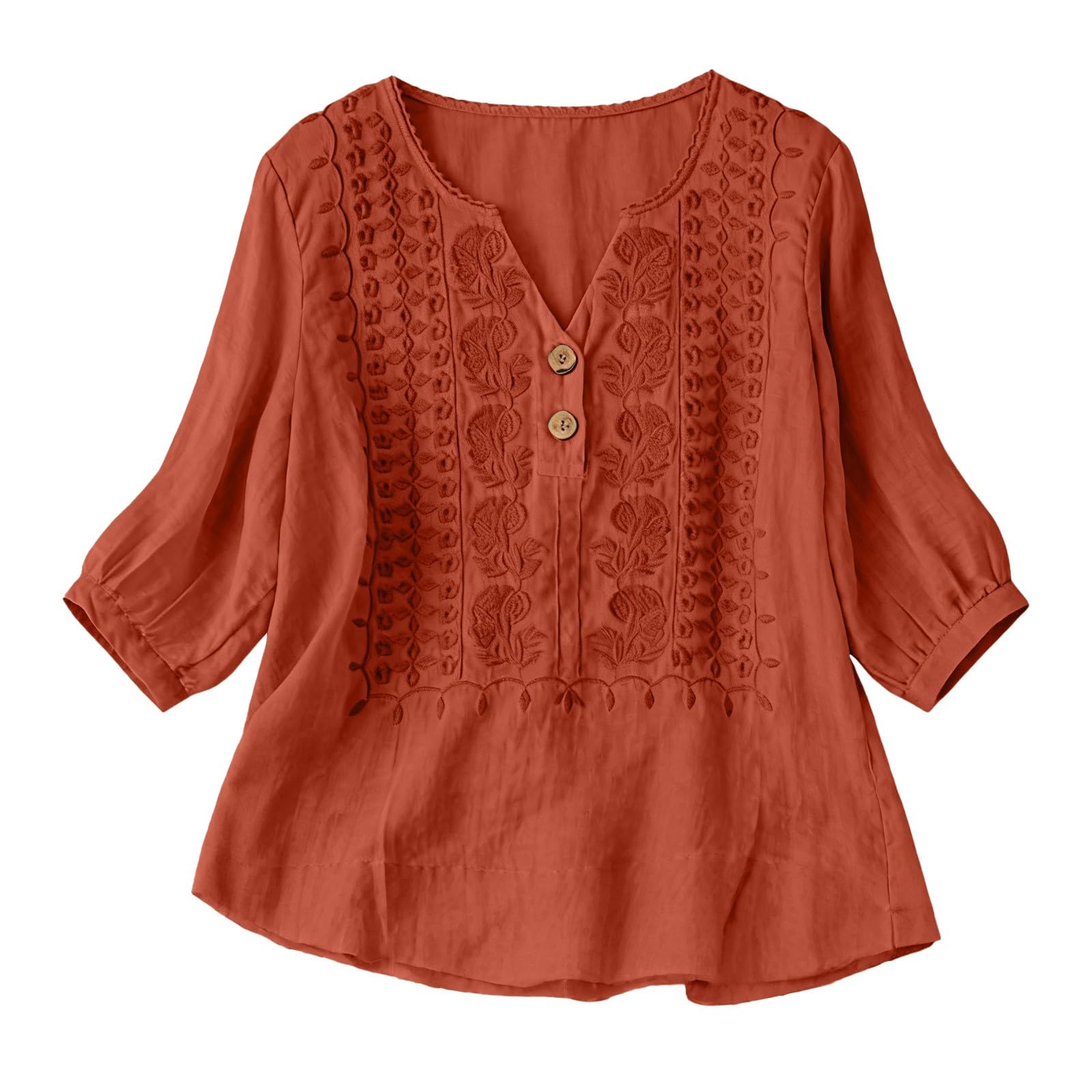 Embroidered Linen Shirts for Women 3/4 Sleeve Gauze V Neck Blouses Tops Casual Spring Summer Boho Cotton Clothes