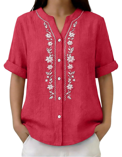 Load image into Gallery viewer, Linen Shirts for Women - Summer Plus Size Embroidered Tops 3/4 Sleeve V Neck Button Blouses Beach Vacation Clothes
