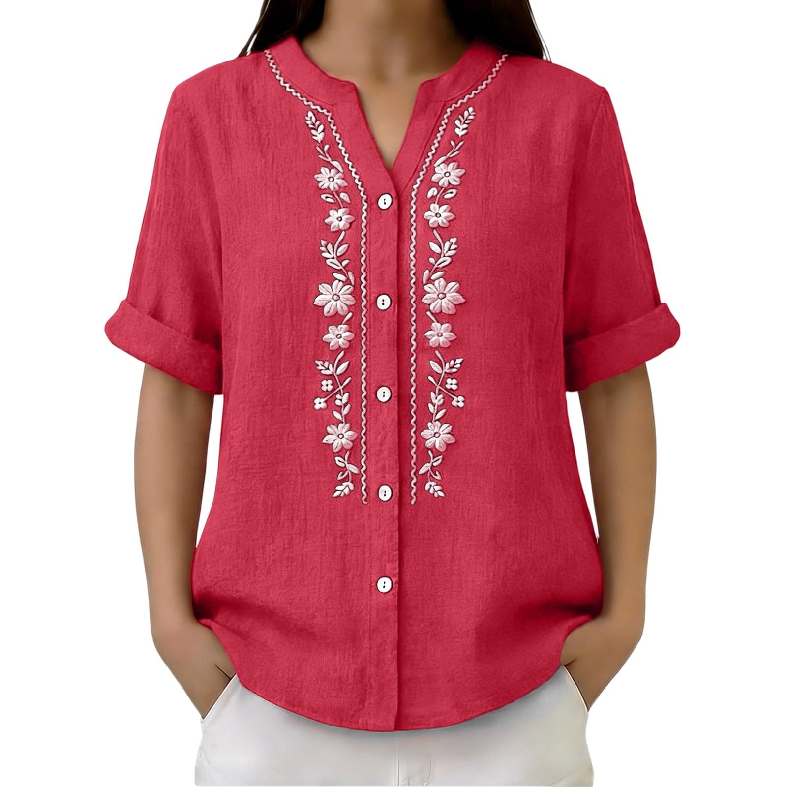 Linen Shirts for Women - Summer Plus Size Embroidered Tops 3/4 Sleeve V Neck Button Blouses Beach Vacation Clothes