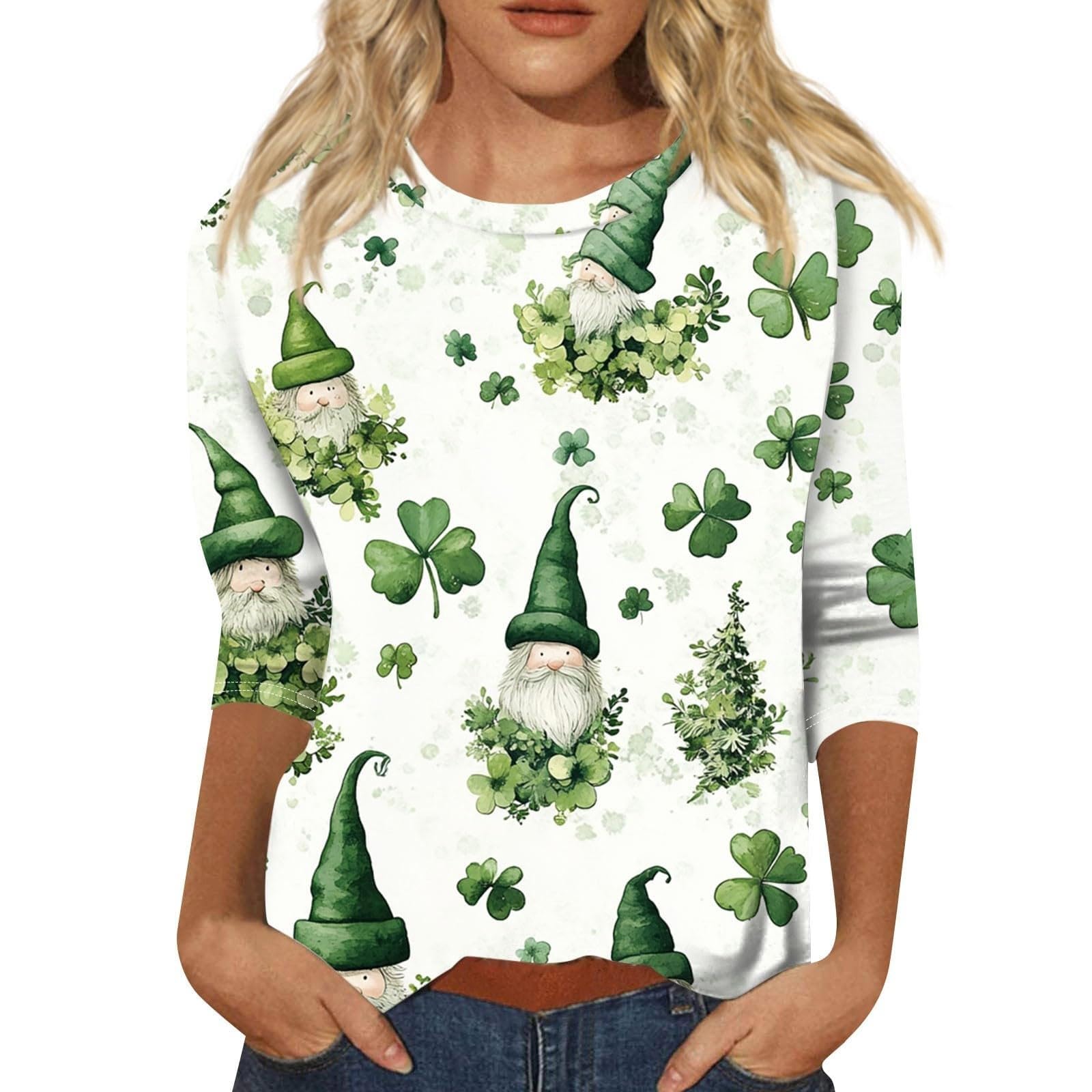 St Patricks Day Shirt Women 2025 Casual Plus Size 3/4 Sleeve Irish Clover Shirts Funny Saint Patrick's Tunic Tops