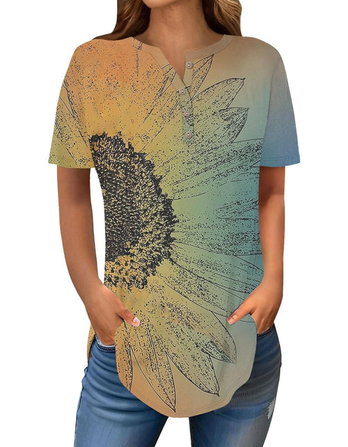 Load image into Gallery viewer, Henley Shirts for Women Buttons Round Neck Boho T-Shirts Short Sleeve Fancy Floral Print Tunic Tops Summer Loose Tees
