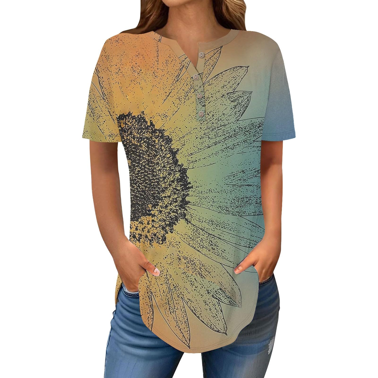 Henley Shirts for Women Buttons Round Neck Boho T-Shirts Short Sleeve Fancy Floral Print Tunic Tops Summer Loose Tees