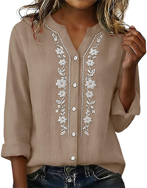 Load image into Gallery viewer, Linen Shirts for Women - Summer Plus Size Embroidered Tops 3/4 Sleeve V Neck Button Blouses Beach Vacation Clothes
