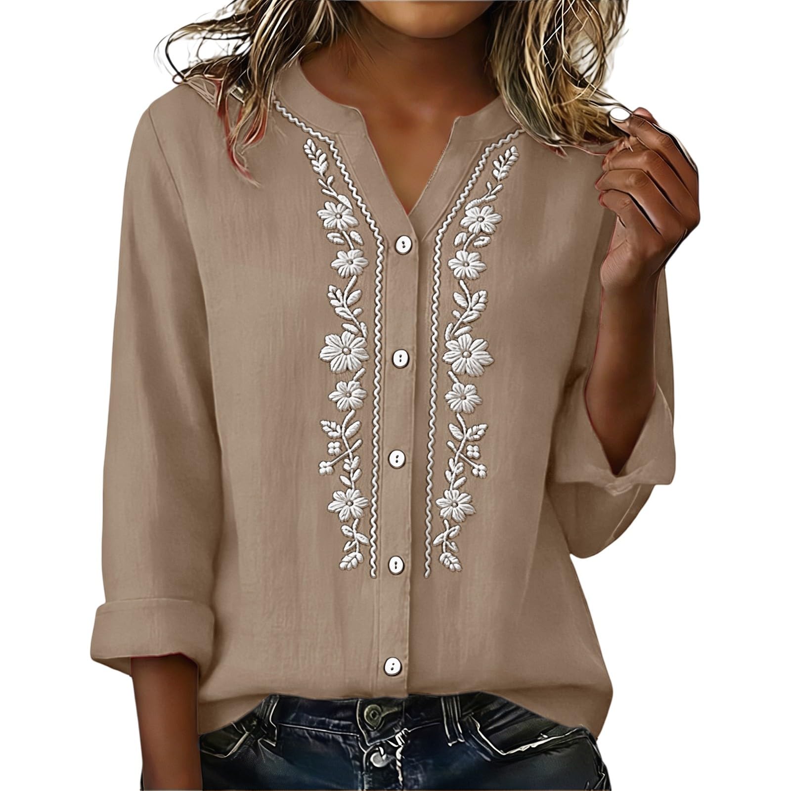 Linen Shirts for Women - Summer Plus Size Embroidered Tops 3/4 Sleeve V Neck Button Blouses Beach Vacation Clothes