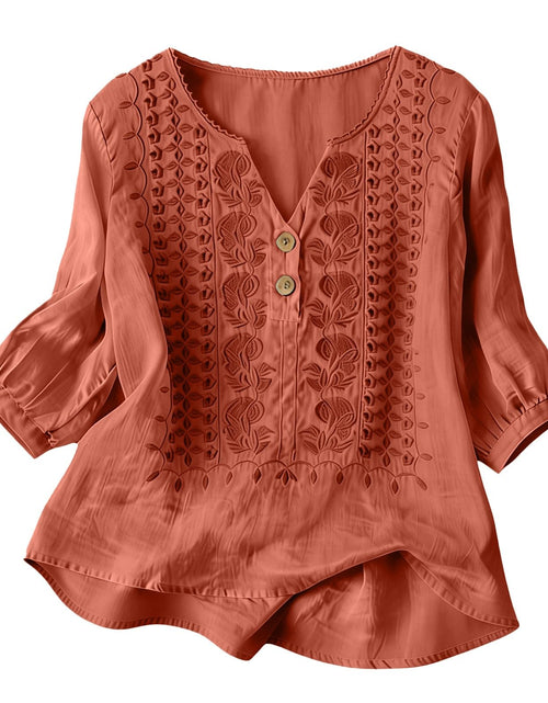 Load image into Gallery viewer, Embroidered Linen Shirts for Women 3/4 Sleeve Gauze V Neck Blouses Tops Casual Spring Summer Boho Cotton Clothes
