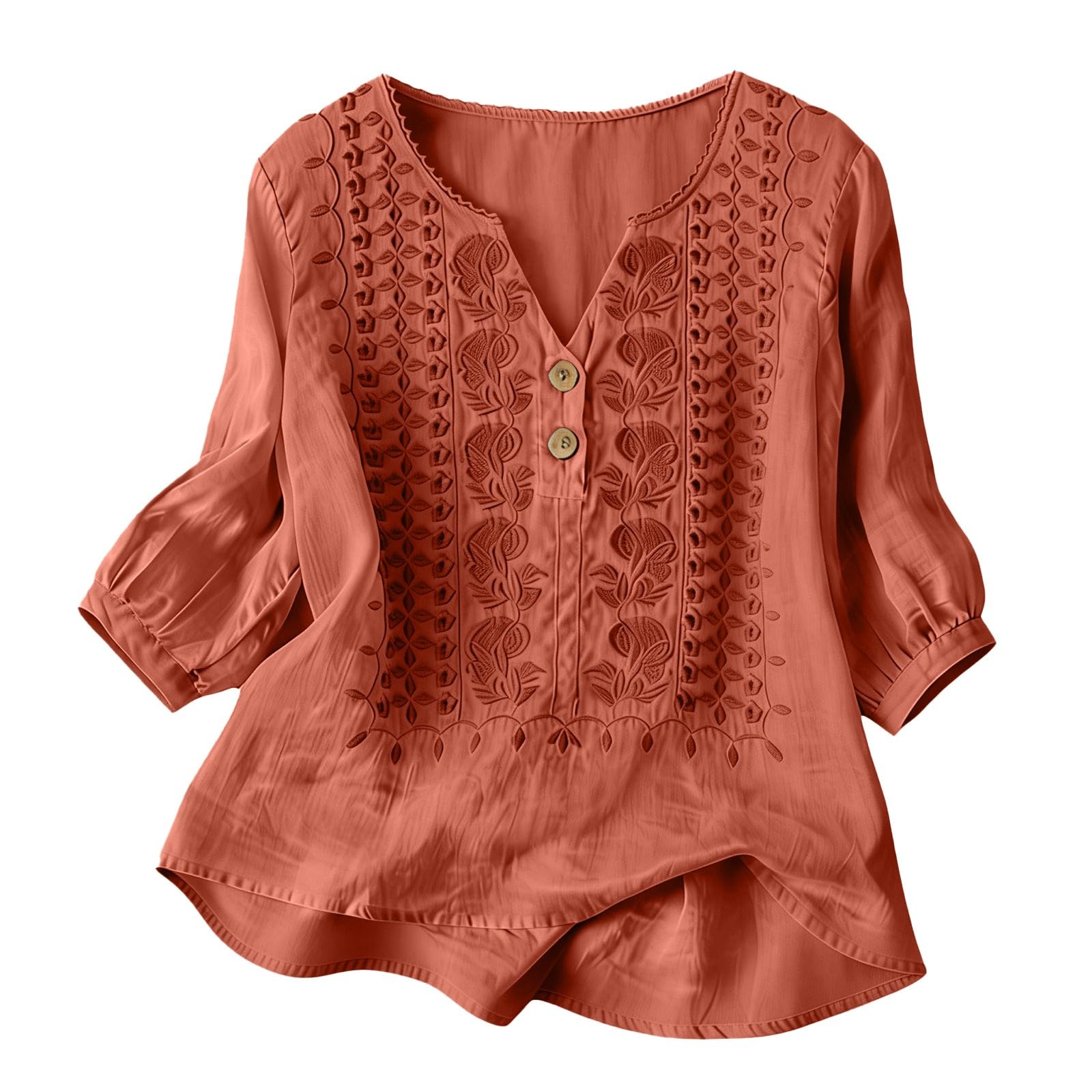 Embroidered Linen Shirts for Women 3/4 Sleeve Gauze V Neck Blouses Tops Casual Spring Summer Boho Cotton Clothes