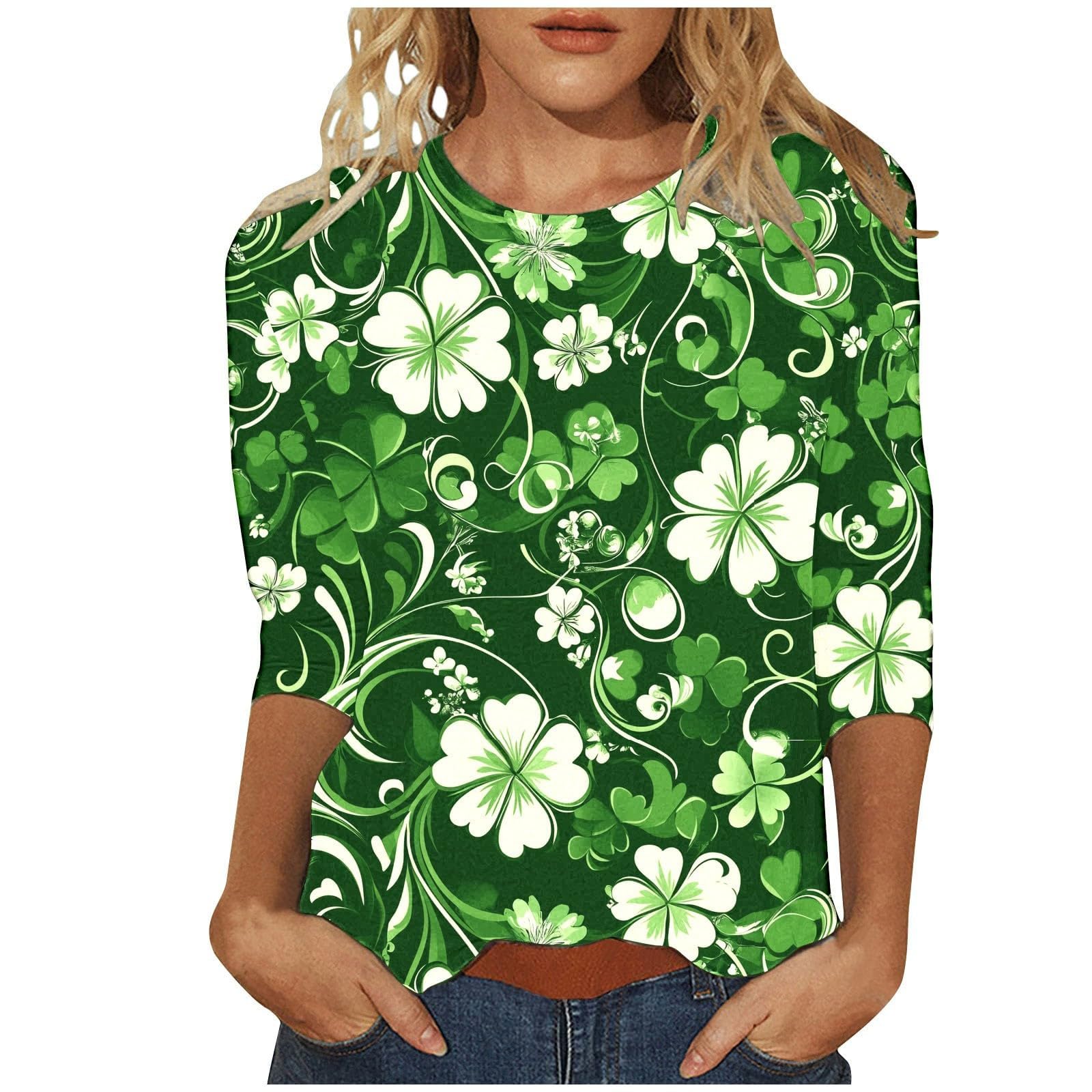 St Patricks Day Shirt Women 2025 Casual Plus Size 3/4 Sleeve Irish Clover Shirts Funny Saint Patrick's Tunic Tops